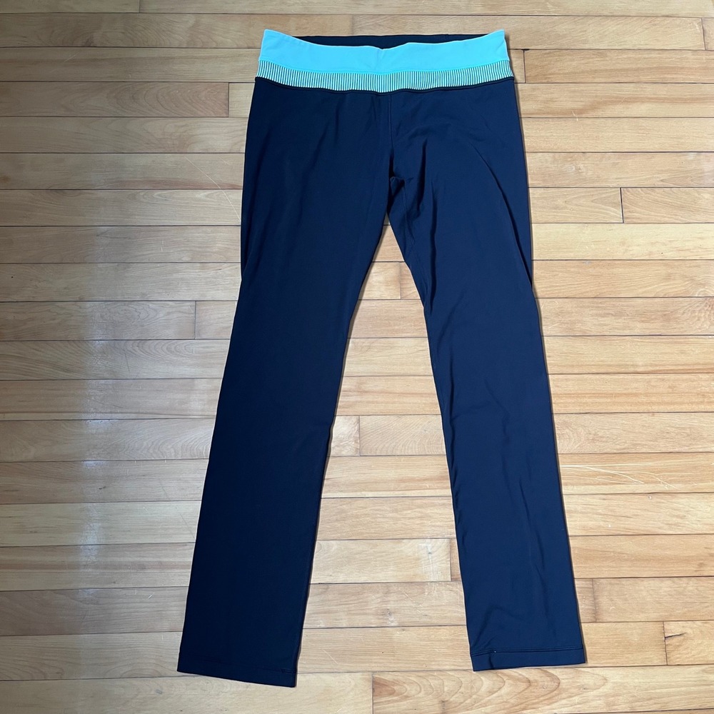 Lululemon Groove Pant Black Turquoise Striped Waistband Yoga Pants Size 12